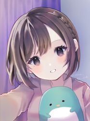 Rule 34 | 1girl, blush, braid, brown eyes, brown hair, collared shirt, curtains, head tilt, highres, indoors, long sleeves, looking at viewer, pajamas, project sekai, shinonome ena, shirt, short hair, smile, solo, stuffed animal, stuffed penguin, stuffed toy, suiren nei, upper body