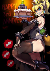 Rule 34 | 1girl, anniversary, bare shoulders, black dress, black footwear, black gloves, black leotard, blonde hair, blue eyes, blush, bowsette, bracelet, breasts, bridal gauntlets, cake, cleavage, collar, commentary, crown, dress, earrings, elbow gloves, english commentary, english text, fingernails, food, full body, gloves, grin, hand on own thigh, high heels, highres, holding, horns, jewelry, large breasts, leotard, looking at viewer, mario (series), monster girl, muscular, muscular female, nail polish, new super mario bros. u deluxe, nintendo, pointy ears, ponytail, ryuusei (mark ii), sharp fingernails, sharp teeth, shoes, short hair, signature, simple background, smile, solo, spiked bracelet, spiked collar, spiked shell, spiked tail, spikes, standing, super crown, sword, tail, teeth, thick eyebrows, thighhighs, turtle shell, weapon