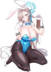 Rule 34 | 1girl, animal ears, asuna (blue archive), asuna (bunny) (blue archive), blue archive, blue leotard, breasts, fugaku (miko no miyatsuguchi), halo, hand on own face, high heels, highres, holding, holding own hair, large breasts, leotard, playboy bunny, rabbit ears, solo, white background
