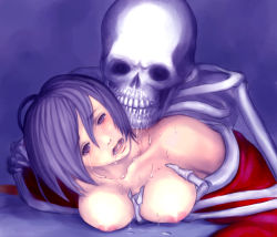 Rule 34 | 1boy, 1girl, bare shoulders, grabbing another&#039;s breast, breasts, collarbone, crying, crying with eyes open, drooling, grabbing, hetero, lying, monster, nipples, on stomach, open mouth, puddle, puffy nipples, purple eyes, purple hair, rape, saliva, sex, short hair, skeleton, skull, tears, teeth, tongue, what, wince