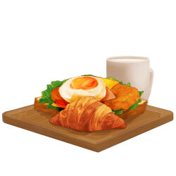 Rule 34 | bread, cheese, croissant, cup, food, food focus, fried egg, lettuce, meat, no humans, original, shadow, simple background, still life, tomato, tomato slice, user wkax8822, white background
