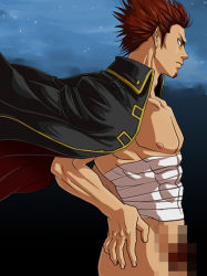 Rule 34 | 1boy, 3mm, bad id, bad pixiv id, brown eyes, brown hair, censored, coat, facial hair, gintama, goatee, hands on own hips, jacket, jacket on shoulders, kondou isao, male focus, manly, naked coat, parody, sarashi, solo