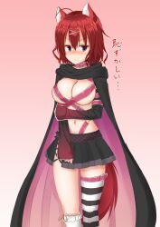 Rule 34 | 1girl, absurdres, ahoge, amairo islenauts, animal ears, arm under breasts, asymmetrical legwear, ayachi nene, ayachi nene (cosplay), belt, belt collar, black cloak, black skirt, blue eyes, blush, breasts, cleavage, clip studio paint (medium), cloak, closed mouth, collar, commentary, company connection, cosplay, cowboy shot, curvy, embarrassed, frown, gradient background, hair between eyes, hair ornament, highres, jitome, large breasts, leg belt, looking at viewer, makochan42, masaki gaillard, medium hair, miniskirt, mismatched legwear, navel, nose blush, pink background, pink belt, pleated skirt, red hair, red tail, ribbon, sanoba witch, simple background, single thighhigh, skirt, sleeves past wrists, socks, solo, standing, stomach, striped clothes, striped thighhighs, tail, thighhighs, translated, v-shaped eyebrows, wavy mouth, white background, white socks, wide sleeves, wolf ears, wolf girl, wolf tail, x hair ornament, yellow ribbon, yuzu-soft