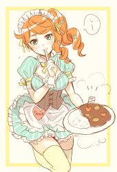 Rule 34 | 1girl, apron, blue skirt, blush, brown hair, bustier, creatures (company), curry, curry rice, food, frilled apron, frilled skirt, frills, game freak, green eyes, hair ornament, hair ribbon, headdress, heart, heart hair ornament, holding, holding plate, index finger raised, long hair, maid, maid headdress, miniskirt, neck ribbon, nintendo, nokataro, plate, pokemon, pokemon swsh, ribbon, rice, short sleeves, side ponytail, sketch, skirt, solo, sonia (pokemon), standing, standing on one leg, striped clothes, striped skirt, swept bangs, thighhighs, vertical-striped clothes, vertical-striped skirt, waist apron, wavy mouth, white apron, white background, wing collar, wrist cuffs, yellow ribbon, yellow thighhighs, zettai ryouiki
