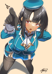 Rule 34 | 1girl, ascot, ayuman, beret, black gloves, black hair, black thighhighs, blue hat, blue skirt, breasts, from above, garter straps, gloves, hat, highres, kantai collection, large breasts, long sleeves, military, military uniform, miniskirt, pencil skirt, pointing, red eyes, short hair, skirt, solo, takao (kancolle), thighhighs, uniform, white ascot