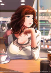 Rule 34 | artofhuan, blue eyes, breast rest, breasts, breasts on table, brown hair, cleavage, collarbone, cup, highres, indoors, lace, large breasts, long hair, looking to the side, mature female, mole, mole under eye, mole under mouth, moriya meguri (artofhuan), see-through, see-through skirt, skirt, solo focus, table, teacup