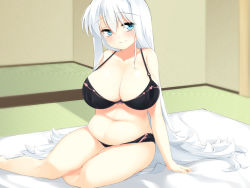 Rule 34 | 1girl, belly, black bra, black panties, blue eyes, blush, bow, bra, breast expansion, breasts, cleavage, collarbone, feet out of frame, futon, indoors, large breasts, long hair, looking at viewer, midriff, muffin top, navel, original, panties, pedocchi, pink bow, plump, seiza, sitting, solo, tatami, thighs, underwear, underwear only, very long hair, weight gain, white hair