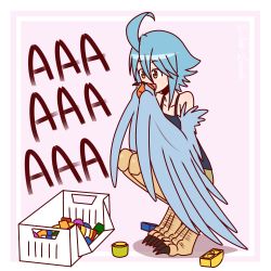 Rule 34 | 1girl, ahoge, bird legs, block (object), blue hair, blue wings, claws, commentary, cup, digitigrade, english commentary, feathered wings, feathers, harpy, holding, holding cup, monster girl, monster musume no iru nichijou, papi (monster musume), pink background, screaming, short hair, silent-shanin, solo, squatting, talons, tank top, toy, two-tone background, white background, winged arms, wings, yellow eyes