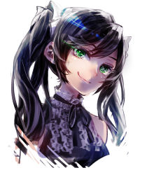 Rule 34 | 1girl, alternate costume, alternate hairstyle, bad id, bad pixiv id, bare shoulders, black hair, black vest, evil smile, gothic lolita, green eyes, hair ribbon, lolita fashion, long hair, looking at viewer, neck ribbon, neck ruff, neo politan, ookubo akashi, osushi red, ribbon, rwby, smile, solo, spoilers, twintails, upper body, vest