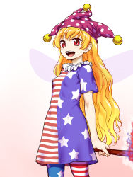 Rule 34 | 1girl, american flag dress, american flag legwear, blonde hair, breasts, clownpiece, dress, fairy wings, gradient background, hat, highres, itou yuuji, jester cap, long hair, open mouth, pantyhose, print dress, red eyes, short dress, small breasts, smile, solo, striped clothes, striped dress, striped pantyhose, torch, touhou, very long hair, wings