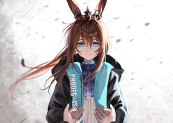 1girl 1other absurdres amiya_(arknights) animal_ears aqua_eyes arknights ascot black_jacket blue_ascot brown_hair closed_mouth commentary_request hair_between_eyes highres holding_hands jacket long_hair long_sleeves looking_at_viewer open_clothes open_jacket ponytail pov pov_hands puranetto_(vjun4748) rabbit_ears rabbit_girl shirt smile tiara white_shirt