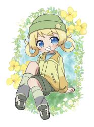 Rule 34 | 1girl, beanie, blonde hair, blue eyes, blue shirt, blush, chii (chi pppuri), floral background, full body, green hat, green shorts, grin, hair rings, hat, highres, invisible chair, jacket, kiratto pri chan, leg warmers, long sleeves, looking at viewer, moegi emo, open mouth, pretty series, shirt, shoes, shorts, sitting, smile, solo, star (symbol), yellow footwear, yellow jacket