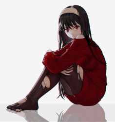Rule 34 | 1girl, black hair, closed mouth, dress, from side, gold hairband, hairband, hugging own legs, knees up, light frown, long hair, looking at viewer, off-shoulder sweater, off shoulder, oto1 030, pantyhose, red eyes, red sweater, reflection, reflective floor, sitting, solo, spy x family, sweater, sweater dress, torn clothes, torn pantyhose, yor briar