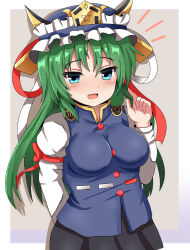 Rule 34 | 1girl, alternate breast size, alternate hair length, alternate hairstyle, blue eyes, blush, breasts, green hair, guard vent jun, hat, highres, impossible clothes, impossible shirt, looking at viewer, medium breasts, open mouth, shiki eiki, shirt, skirt, smile, solo, touhou, upper body