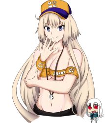 Rule 34 | 2girls, absurdres, baseball cap, blue eyes, breasts, fam-u, fate/apocrypha, fate/grand order, fate (series), groin, hat, highres, jeanne d&#039;arc (fate), jeanne d&#039;arc (ruler) (fate), jewelry, john cena, long hair, midriff, multiple girls, name connection, navel, necklace, parody, pun, red eyes, riyo (lyomsnpmp) (style), smile, style parody, transparent background, tsurime, underboob, very long hair, wristband, wwe