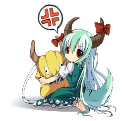 Rule 34 | 1girl, anger vein, angry, barefoot, dress, ex-keine, female focus, green hair, horn ornament, horn ribbon, horns, kamishirasawa keine, mimi-moon, multicolored hair, okaasan to issho, red eyes, ribbon, silver hair, sitting, solo, spoo, stuffed toy, tail, touhou