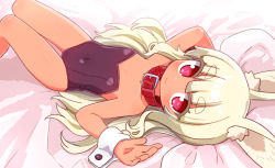 Rule 34 | 1girl, animal ear fluff, animal ears, bare shoulders, bed sheet, blonde hair, blush, breasts, closed mouth, collar, commentary request, covered navel, etrian odyssey, feet out of frame, heart, heart-shaped pupils, highres, knees together feet apart, leotard, long hair, lying, masurao (sekaiju), naga u, on back, pillow, pink eyes, purple leotard, rabbit ears, red collar, sekaiju no meikyuu, sekaiju no meikyuu 5, short eyebrows, small breasts, smile, solo, strapless, strapless leotard, symbol-shaped pupils, tan, thick eyebrows, thigh gap, very long hair, wrist cuffs