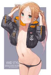 Rule 34 | 1girl, abigail williams (fate), abigail williams (traveling outfit) (fate), bandaid, bandaid on face, bandaid on forehead, black jacket, black panties, blonde hair, blue eyes, blush, border, breasts, collarbone, cropped jacket, crossed bandaids, fate/grand order, fate (series), grey background, hand up, hands up, heroic spirit traveling outfit, holding, holding own hair, jacket, kopaka (karda nui), long sleeves, looking at viewer, navel, neck, official alternate costume, open clothes, open jacket, panties, parted bangs, sidelocks, small breasts, solo, thighs, underwear, white border