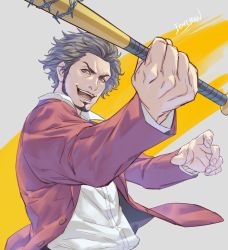 Rule 34 | 1boy, :d, afro, barbed wire, baseball bat, black hair, brown eyes, buttons, character name, collared shirt, commentary, dress shirt, facial hair, fighting stance, forehead, formal, goatee, holding, holding baseball bat, holding weapon, jacket, kasuga ichiban, long sleeves, looking at viewer, male focus, messy hair, open clothes, open hand, open jacket, open mouth, red jacket, red suit, ryuu ga gotoku (series), ryuu ga gotoku 7, shirt, short hair, sideburns, smile, solo, suit, talgi, teeth, two-tone background, upper body, v-shaped eyebrows, weapon, white background, white shirt, yellow background