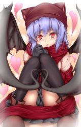 Rule 34 | 1girl, akkii (meragold), alternate costume, bad id, bad pixiv id, black gloves, black thighhighs, blue hair, blush, gloves, hat, heart, highres, looking at viewer, red eyes, remilia scarlet, scarf, short hair, sitting, skirt, solo, thighhighs, touhou, wings