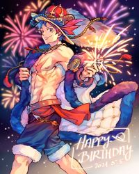 Rule 34 | 1boy, abs, aerial fireworks, alternate hair color, aokamei, badge, bare pectorals, belt, birthday, blue eyes, blue hair, blue shorts, blurry, blurry background, chain, chain necklace, closed mouth, coat, commentary, crown, dated, english commentary, artistic error, fireworks, fur-trimmed coat, fur-trimmed shorts, fur-trimmed sleeves, fur trim, gem, happy birthday, hat, hat feather, highres, jolly roger, looking at viewer, male focus, monkey d. luffy, navel, necklace, nipples, official alternate costume, one piece, open clothes, open coat, pectorals, sash, scar, scar on chest, short hair, shorts, skull and crossbones, smile, snapping fingers, solo, tassel, toned, toned male, white coat