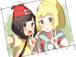 Rule 34 | 2girls, arm up, beanie, black eyes, black hair, blonde hair, blush, bracelet, braid, creatures (company), drawstring, female focus, flat chest, floral print, french braid, game freak, green background, green eyes, hand up, happy, hat, jewelry, lillie (pokemon), looking at viewer, matching hair/eyes, multiple girls, nintendo, open mouth, outstretched arm, poke ball symbol, poke ball theme, pokemon, pokemon sm, ponytail, red headwear, selene (pokemon), selfie, shirt, short hair, short sleeves, simple background, smile, teeth, unapoppo, upper body, v, white shirt, yellow shirt