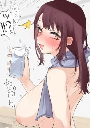 Rule 34 | 1girl, absurdres, blush, breasts, cup, highres, holding, holding cup, large breasts, long hair, looking at viewer, looking back, looking to the side, open mouth, original, red hair, ricochet-gou, solo, sweat, topless, towel, towel around neck, translation request, upper body, water, yellow background, yellow eyes