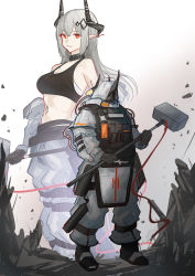 Rule 34 | 1girl, absurdres, arknights, bare shoulders, black choker, black gloves, breasts, choker, crop top, gloves, hammer, highres, holding, holding hammer, holding weapon, horns, infection monitor (arknights), large breasts, long hair, looking at viewer, material growth, midriff, mudrock (arknights), multiple views, naoel (naoel art), navel, oripathy lesion (arknights), pants, pointy ears, red eyes, sarashi, silver hair, sports bra, stomach, weapon, white pants