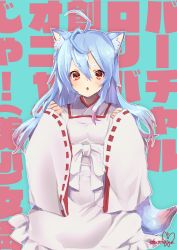 Rule 34 | 1girl, :o, ahoge, animal ear fluff, animal ears, blue hair, blush, brown eyes, commentary request, cowboy shot, fox ears, highres, japanese clothes, long hair, looking at viewer, miko, murata tefu, open mouth, original, ribbon-trimmed sleeves, ribbon trim, solo, wide sleeves