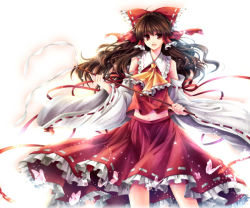 Rule 34 | 1girl, bare shoulders, bow, brown eyes, brown hair, bug, butterfly, detached sleeves, female focus, gohei, hagiwara rin, hair bow, hakurei reimu, bug, japanese clothes, long hair, midriff, miko, navel, open mouth, ribbon, smile, solo, standing, touhou, wide sleeves