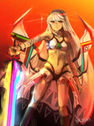 Rule 34 | 10s, 1girl, altera (fate), armpits, bare shoulders, choker, closed mouth, dark-skinned female, dark skin, detached sleeves, fate/extella, fate/extra, fate/grand order, fate (series), feet out of frame, full-body tattoo, headdress, highres, holding, holding weapon, jewelry, legs, looking at viewer, midriff, navel, photon ray (fate), red eyes, revealing clothes, short hair, showgirl skirt, simple background, skirt, socks, solo, sword, syezo-aruru, tan, tattoo, thighs, veil, weapon, white hair, white skirt