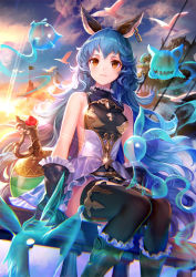 Rule 34 | 10s, 1girl, animal ears, arm support, backless dress, backless outfit, bad id, bad pixiv id, bare shoulders, belt, belt skirt, black gloves, blue hair, blue skirt, blurry, breasts, rabbit ears, cape, depth of field, dress, earrings, erune, evening, fence, ferry (granblue fantasy), forest, frills, gloves, granblue fantasy, hoop earrings, jewelry, light rays, lips, long hair, looking at viewer, mountain, nature, sideboob, single earring, siro (asteblanc), sitting, skirt, smile, solo, wavy hair, wooden fence, yellow eyes