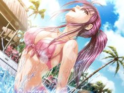 Rule 34 | 1girl, arched back, bikini, breasts, chair, cleavage, cloud, day, dutch angle, earrings, front-tie top, game cg, ijichi miho, jewelry, large breasts, lens flare, lipstick, long hair, makeup, nakamura nishiki, necklace, open mouth, outdoors, palm tree, pink bikini, pink eyes, pink hair, ponytail, pool, purple hair, sky, sodom no shima, sodom no shima: night of blind, solo, splashing, swimsuit, table, tree, water, wet