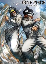 Rule 34 | 2boys, aiming, aiming at viewer, arm tattoo, boots, commentary request, copyright name, covered eyes, crossed arms, hat, jumpsuit, male focus, multiple boys, nagare seiya, official art, one piece, one piece card game, orange hair, penguin (one piece), shachi (one piece), short hair, sky, smile, smoke, tattoo, veil, white jumpsuit