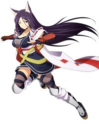 Rule 34 | 1girl, ;), animal ears, boots, breasts, collarbone, dress, fingerless gloves, floating hair, fox ears, full body, gloves, grey thighhighs, hair between eyes, large breasts, leg up, log horizon, long hair, looking at viewer, nazuna (log horizon), official art, one eye closed, orange eyes, outstretched arm, purple hair, short dress, smile, solo, thighhighs, transparent background, very long hair