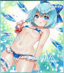 Rule 34 | 1girl, :q, artist name, bikini, blue bikini, blue bow, blue eyes, blue hair, bow, cirno, closed mouth, commentary request, cowboy shot, detached wings, food, gluteal fold, hair bow, holding, holding food, ice, ice wings, looking at viewer, marker (medium), nordic niku, popsicle, sample watermark, short hair, smile, solo, swimsuit, thigh strap, tongue, tongue out, touhou, traditional media, watermark, wings