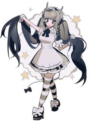 Rule 34 | 1girl, apron, arm up, black dress, black eyes, black footwear, black ribbon, black thighhighs, bow, collared dress, demon girl, demon tail, dress, footwear bow, frilled apron, frilled dress, frills, full body, gloves, grey hair, grey horns, hand up, highres, holding, holding hair, horns, korean commentary, long hair, looking at viewer, maid, maid headdress, open mouth, original, ribbon, sasi mozzi1, solo, sparkle, standing, star (symbol), striped clothes, striped thighhighs, tail, thighhighs, two side up, very long hair, walking, white background, white bow, white thighhighs