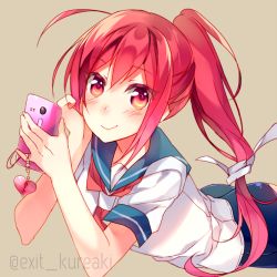 Rule 34 | 10s, 1girl, ass, bad id, bad pixiv id, cellphone, cellphone charm, cellphone strap, charm (object), i-168 (kancolle), kantai collection, kureaki (exit), long hair, lying, on floor, phone, pink eyes, pink hair, ponytail, school swimsuit, smartphone, smile, solo, swimsuit, swimsuit under clothes