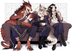 Rule 34 | 3boys, alcohol, animal ears, armband, beer, beer mug, black hair, blue pants, bow, bread, claws, closed eyes, collared jacket, collared shirt, couch, crossed legs, cup, digitigrade, dragon boy, dragon horns, dragon tail, drinking glass, epaulettes, facing another, facing to the side, fangs, food, full body, furry, furry male, gloves, grin, hair bow, hands up, highres, holding, holding cup, holding food, horns, jacket, karana cat, long hair, long sleeves, male focus, mug, multiple boys, neck fur, open clothes, open mouth, original, pants, pointy ears, ponytail, red bow, red scales, scales, sharp teeth, shirt, sidelocks, sitting, smile, tail, teeth, topless male, wavy hair, white background, white footwear, white gloves, white hair, white shirt, wine, wine glass, wolf boy, wolf ears, wolf tail, yellow eyes