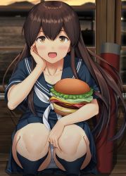 Rule 34 | 1girl, akagi (kancolle), bag, blush, breasts, brown eyes, brown hair, burger, collarbone, commentary request, fast food, food, hand on own cheek, hand on own face, highres, holding, holding food, ichikawa feesu, kantai collection, kneehighs, long hair, looking at viewer, medium breasts, neckerchief, open mouth, outdoors, oversized food, oversized object, panties, pantyshot, pleated skirt, reflection, sailor collar, school uniform, serafuku, shirt, short sleeves, skirt, smile, socks, solo, squatting, underwear, uniform, white neckerchief, window