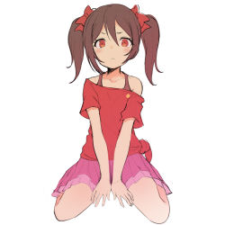 Rule 34 | &gt;:(, 1girl, :&lt;, black hair, blush, collarbone, commentary request, full body, looking at viewer, love live!, love live! school idol project, off shoulder, pink skirt, pokachu, red eyes, red shirt, shirt, simple background, sitting, skirt, solo, twintails, v-shaped eyebrows, white background, yazawa nico