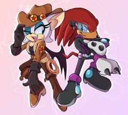 Rule 34 | 1girl, absurdres, belt, bodysuit, boots, communicator, eyeshadow, fang, furry, furry female, gloves, green eyes, hand on headwear, hat, highres, jacket, knuckles the echidna, leather, leather belt, leather boots, leather pants, long sleeves, looking at another, makeup, nenafena, one eye closed, open mouth, pants, pointy nose, purple eyes, red fur, rouge the bat, shirt, shoes, smirk, sonic (series), teeth, tongue, white fur