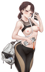 Rule 34 | 1girl, bag, bare shoulders, between breasts, black pants, blush, bottle, breasts, breasts out, brown eyes, brown hair, chinese commentary, clothes lift, commentary request, hand up, heart, heart-shaped pupils, highres, holding, holding bottle, holding phone, l ract, looking at viewer, medium breasts, navel, nipples, original, pants, parted lips, phone, shirt lift, shoulder bag, solo, sports bra, sports bra lift, stomach, strap between breasts, symbol-shaped pupils, white background