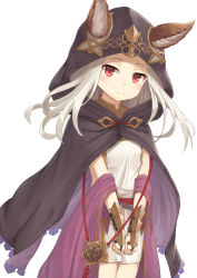 Rule 34 | 10s, 1girl, animal ears, clenched hands, cloak, closed mouth, dress, ears through headwear, granblue fantasy, head tilt, heijialan, hood, hooded cloak, long hair, red eyes, scathacha (granblue fantasy), simple background, smile, solo, standing, v arms, white background, white dress, white hair