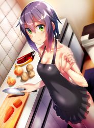 Rule 34 | 1girl, apron, black apron, breasts, carrot, cleavage, commentary request, cowboy shot, dosu (doseven), from above, green eyes, highres, indoors, kitchen, kitchen knife, legs together, messy hair, naked apron, nudist, onion, original, potato, purple hair, short hair, small breasts, solo, standing, tiles, yuki (dosu (doseven))