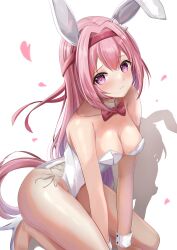 Rule 34 | 1girl, absurdres, alternate costume, alternate hairstyle, animal ears, blush, breasts, cleavage, closed mouth, collarbone, commentary request, haru urara (umamusume), highres, horse ears, horse girl, horse tail, leotard, long hair, looking at viewer, medium breasts, petals, pink eyes, pink hair, playboy bunny, rabbit ears, ribbon, solo, tail, umamusume, waity awa