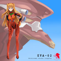Rule 34 | 1girl, absurdres, artist request, blue eyes, bodysuit, breasts, brown hair, character name, eva 02, full body, highres, interface headset, long hair, mecha, medium breasts, neon genesis evangelion, pilot suit, plugsuit, red bodysuit, robot, skin tight, smile, souryuu asuka langley, twintails, two side up, very long hair, wide hips