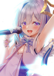 Rule 34 | 1girl, :d, amane kanata, angel, angel wings, arm up, armpits, asymmetrical hair, backlighting, blue bow, blue bowtie, blue hair, blush, bob cut, bow, bowtie, colored inner hair, feathered wings, gloves, hair over one eye, half-closed eyes, halo, highres, holding, holding microphone, hololive, hololive idol uniform, idol, looking at viewer, microphone, mini wings, mizuno kurage, multicolored hair, official alternate costume, open mouth, overexposure, pink hair, purple eyes, short hair, silver hair, single hair intake, sleeveless, smile, solo, star halo, streaked hair, sweat, teeth, upper body, upper teeth only, vest, virtual youtuber, white background, white gloves, white vest, white wings, wing ribbon, wings, wrist cuffs