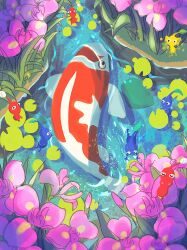Rule 34 | fish, flower, grass, highres, koi, lily pad, looking down, no humans, outdoors, pikmin (creature), pikmin (series), purple flower, sananagi2555, water