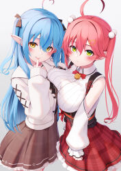 Rule 34 | 2girls, absurdres, ahoge, asymmetrical docking, blue hair, breast press, breasts, brown dress, closed mouth, dress, elf, finger to mouth, green eyes, hair between eyes, hair ornament, highres, hololive, jacket, large breasts, long hair, long sleeves, looking at viewer, multicolored hair, multiple girls, nyan (reinyan 007), parted lips, pink hair, pink nails, plaid, plaid skirt, pointy ears, pom pom (clothes), pom pom hair ornament, red skirt, sakura miko, sakura miko (casual), shirt, simple background, skirt, smile, standing, streaked hair, twintails, very long hair, virtual youtuber, white jacket, white shirt, yellow eyes, yukihana lamy, yukihana lamy (casual)